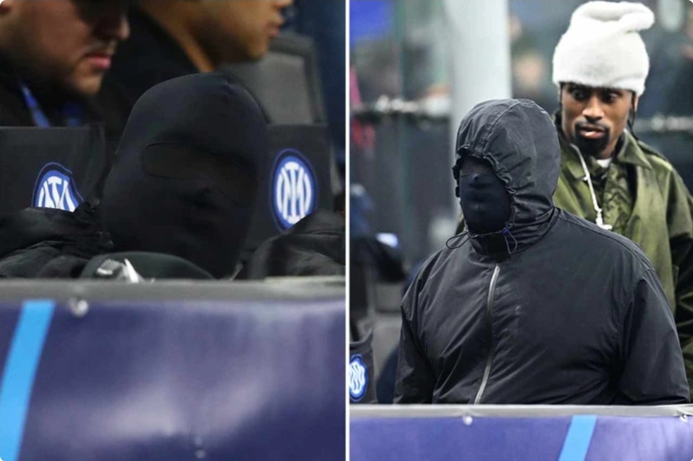 Kanye West completely covers up his face in bizarre black mask while watching Milan soccer game with wife Bianca Censori