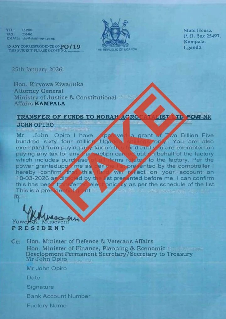 IT’S FAKE! State House disowns circulating Museveni letter approving Shs2.5 bn grant to “investor”