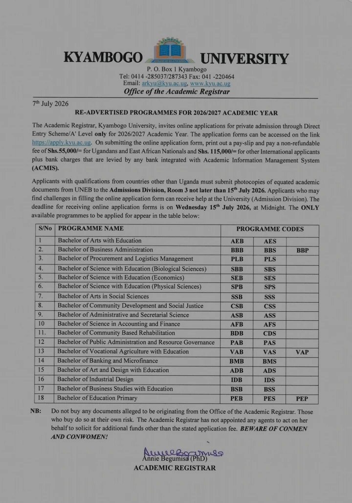 Kyambogo University Re-Advertises 18 Programmes For 2026/2027 Direct Entry Admissions
